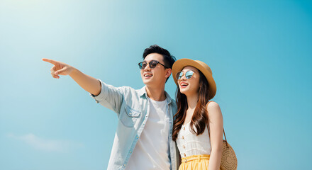 Asian couple in love point a finger somewhere on tropical beach resort in vacation. Summer holiday vacation and travel concept. Relaxing seaside scene. Summer time travel destination