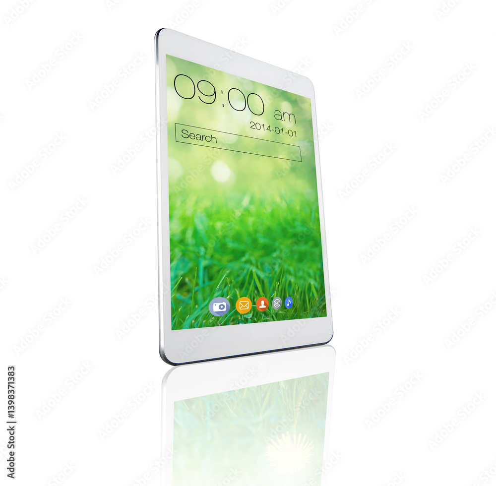 Poster smartphone screen, technology and icons of mobile in studio isolated on a white background mockup. p