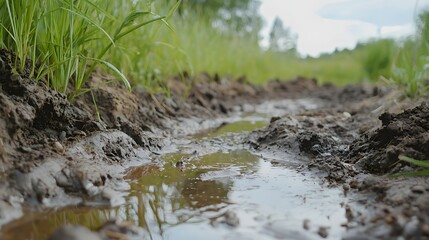 Obraz premium Muddy Path of Journey: Close-up view of a muddy path filled with water and reflections, surrounded by greenery, evoking a sense of the journey and challenge of life.