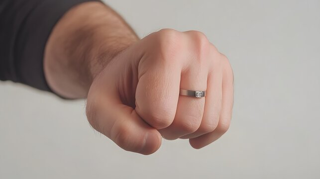 Close-up of a man's hand clenched into a fist, showcasing a simple silver band with a small diamond. The hand is fair-skinned, and part of a dark sleeve is visible.