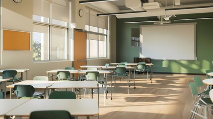 A modern high school classroom interior design, cream walls with dark green accents and tables and chairs,cream floor, large smart board on front of tables, Generative AI illustrations. 