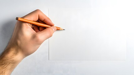 A hand holding an orange pencil, poised above a blank white paper.  Ready to write or draw, this image conveys creativity and new beginnings.