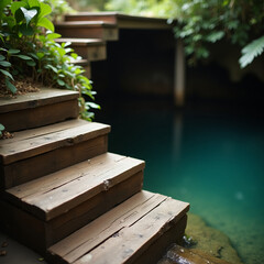 Wooden steps. Stairs leading down to a natural pool or lake from a wooden platform. A place to relax.