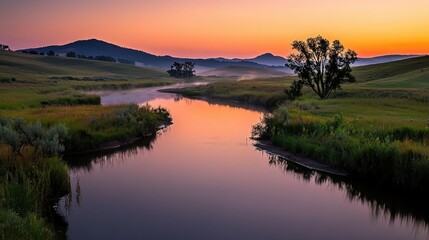 A serene landscape showcases a river at a beautiful sunrise or sunset