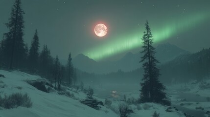 Snowy mountain landscape at night with aurora borealis