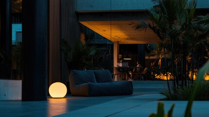 Fototapeta premium Evening outdoor scene showing people working at a workspace