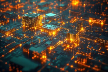 Modern cityscape illuminated with glowing circuits at night in a digital world