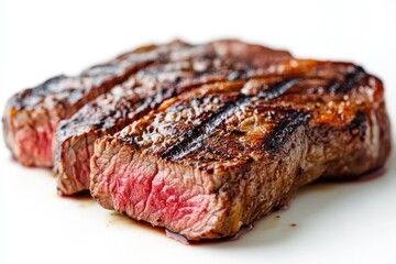 Close up of a sliced grilled steak with a reddish pink center cut isolated on white background