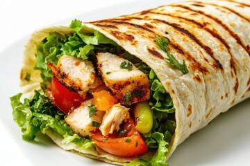 Close up of a chicken wrap with lettuce and tomatoes on a plate isolated on white background