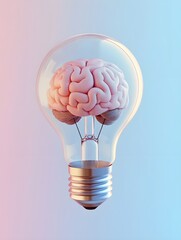 a light bulb with a brain inside on a pastel background, a concept of artificial intelligence and creativity in business technology idea.