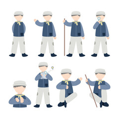 Faceless Explorer: Muslim male adventurer, Various Poses, Green Vest, Safari Hat, Cartoon Style.