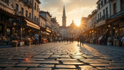 Fototapeta premium Walking on Cobblestone Street During Sunset in City