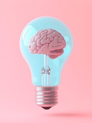a light bulb with a brain inside on a pastel background, a concept of artificial intelligence and creativity in business technology idea.