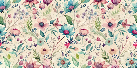 Delicate floral pattern with a variety of vibrant flowers and leaves.