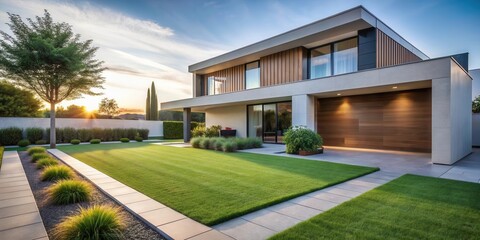Modern Architectural Design Luxurious Home with Expansive Lawn and Landscaping at Sunset