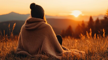 Person watches the sunset from a mountain overlooking the landscape