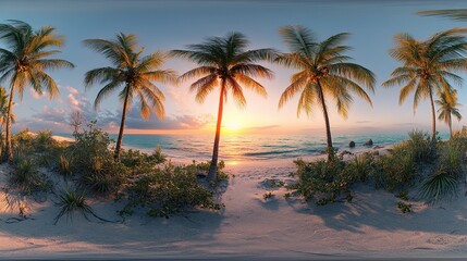 360 hdri panorama with coconut trees on ocean coast on beach at sunset in equirectangular spherical seamless projection : Generative AI