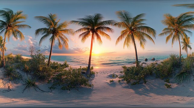 360 hdri panorama with coconut trees on ocean coast on beach at sunset in equirectangular spherical seamless projection : Generative AI