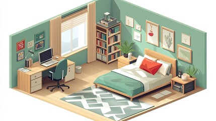 A 3D isometric view of a bedroom with a bed, desk, chair, bookcase, and a rug.