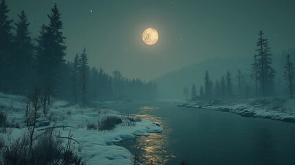 Snowy winter forest at night with a full moon