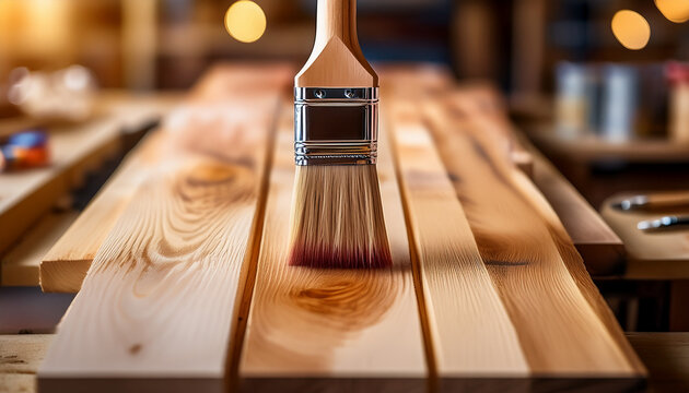 Una brocha pintando o barnizando una tabla con barniz para protecci&oacute;n de la madera
