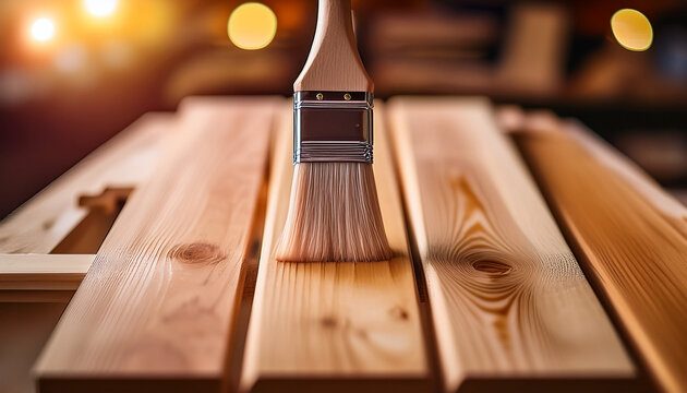 Una brocha pintando o barnizando una tabla con barniz para protecci&oacute;n de la madera