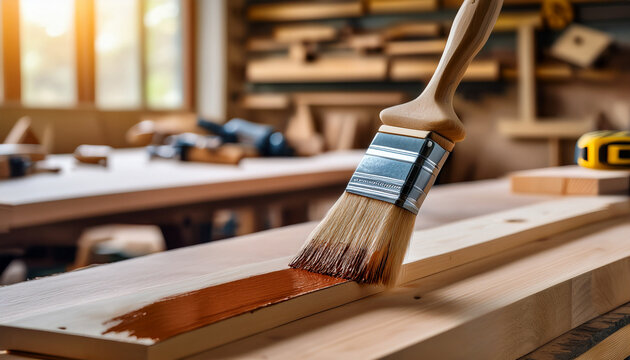 Una brocha pintando o barnizando una tabla con barniz para protecci&oacute;n de la madera