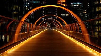 Obraz premium A modern bridge illuminated with glowing orange lights at night