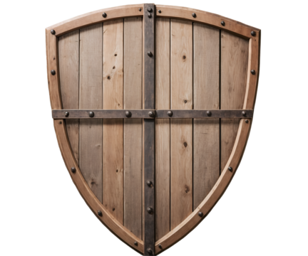 Illustration of a weathered wooden tower shield, reinforced with metal bands and rivets, showcasing its aged texture and design against a neutral background