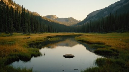 Fototapeta premium A scenic landscape shows a lake surrounded by mountains and trees