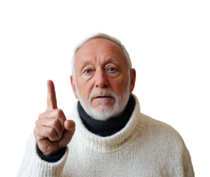 Engaging gesture of elderly man pointing portrait warm environment. Isolated on transparent background, png. - Powered by Adobe