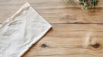 A clean napkin laid out on a light wooden table, ready for a meal setup.