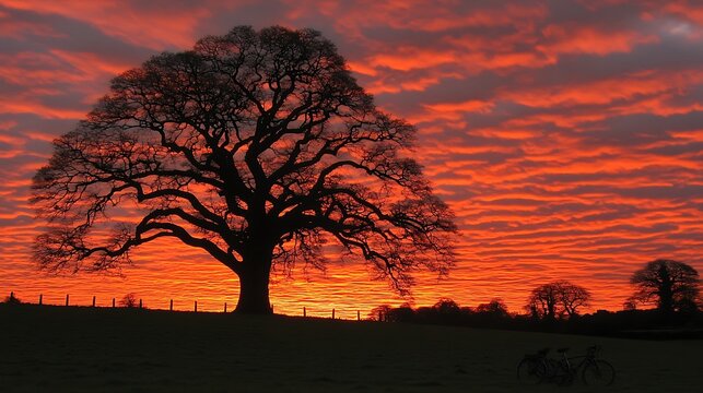 A majestic oak tree silhouetted against a fiery sunset. - Powered by Adobe