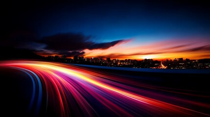 City Lightspeed Night Drive with Vibrant Sunset.