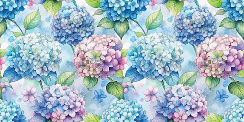 Colorful watercolor illustration of hydrangeas in blue and pink hues.