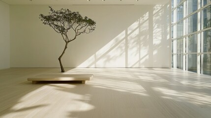 Obraz premium Interior design featuring a small tree and long bench structure