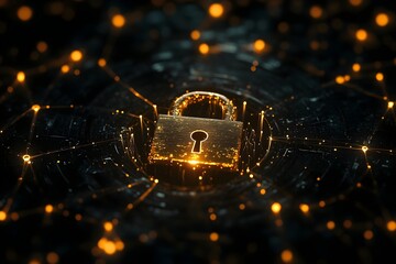 A golden padlock surrounded by glowing connections symbolizing data security on a black background