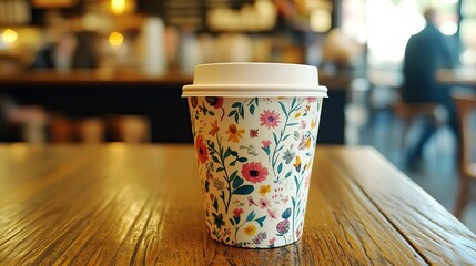 A coffee cup with a floral design sits on a wooden table in a cafe.