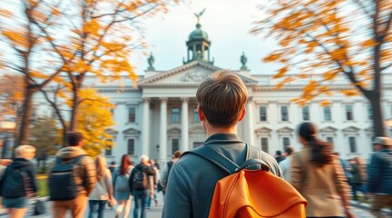 A student gazes towards a grand university building on a fall day.