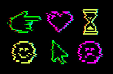 Glitch Cyber Pixel emoji. Y2k Pixel Heart, Cursor, hourglass, Smile Stickers for collage. Neon Emoticon symbol isolated for retro futuristic interface. Vector retro distorted Acid illustration black