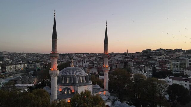  Starling Birds Group Dance in the Uskudar Valide Sultan Mosque Drone Video, Uskudar Istanbul, Turkiye (Turkey)