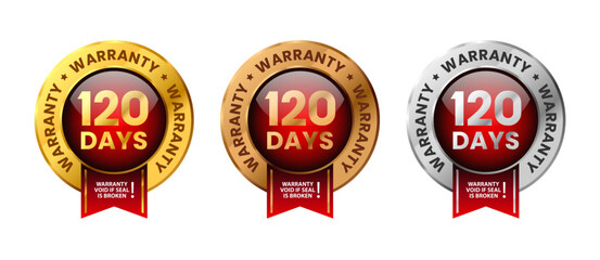 120 days warranty label. For icon, logo, insigna, seal, tag, sign, seal, symbol, badge, stamp, sticker, emblem, banner. Gold, silver, bronze glossy shiney medals with ribbon set vector illustration