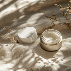 Premium skincare product mockup with plain white jar and soft fabric background