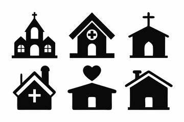 christian home icon set sihouette black vector