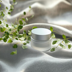 Clean skincare jar mockup with greenery and soft fabric background