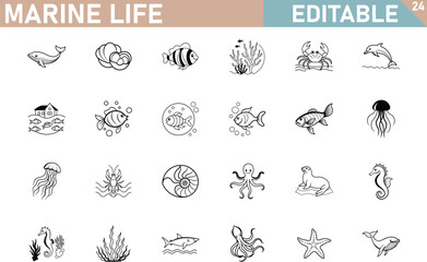 Marine Life Doodle Vector Set With Aquatic Animals,Fish,And Sea Creatures