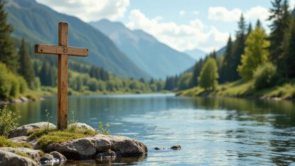 A wooden Christian cross standing on a rock by a serene river with mountains in the background.