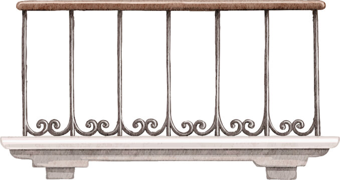 Cute cartoon balcony with ornate iron fence isolated on white background. Watercolor hand drawn illustration sketch vector