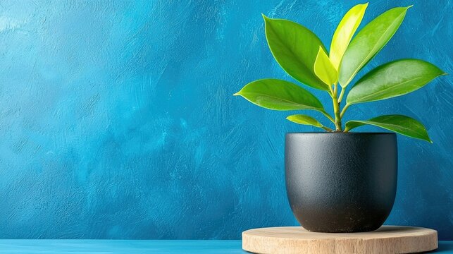 A vibrant green leafy plant placed in a black flower pot