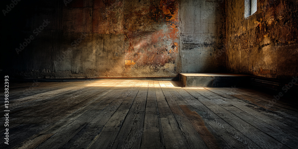 Poster sunlit wooden floor and aged wall in a dark room, showcasing a simple platform, ideal for product di